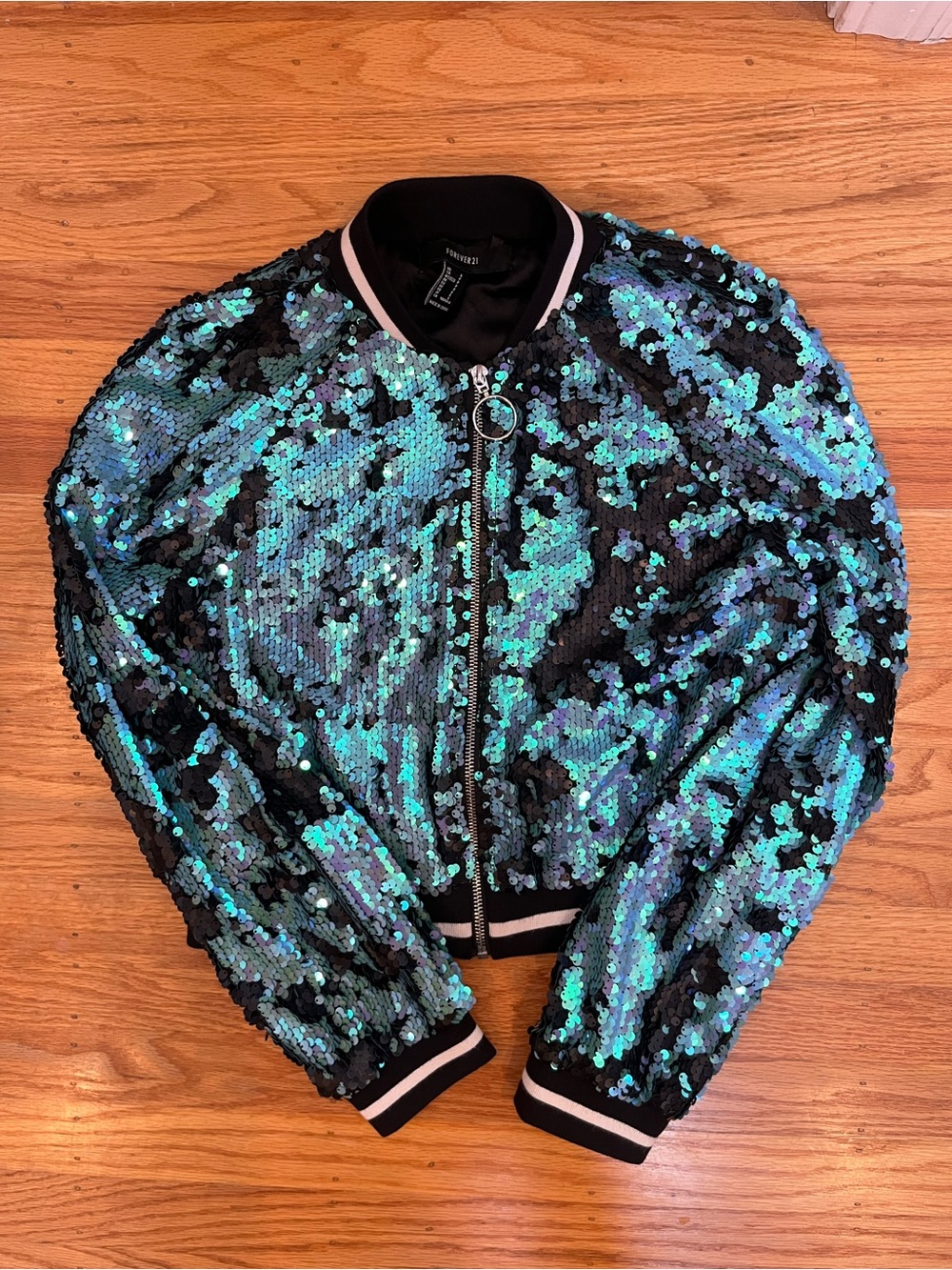 Forever 21 Black and Teal Sequin Bomber Jacket